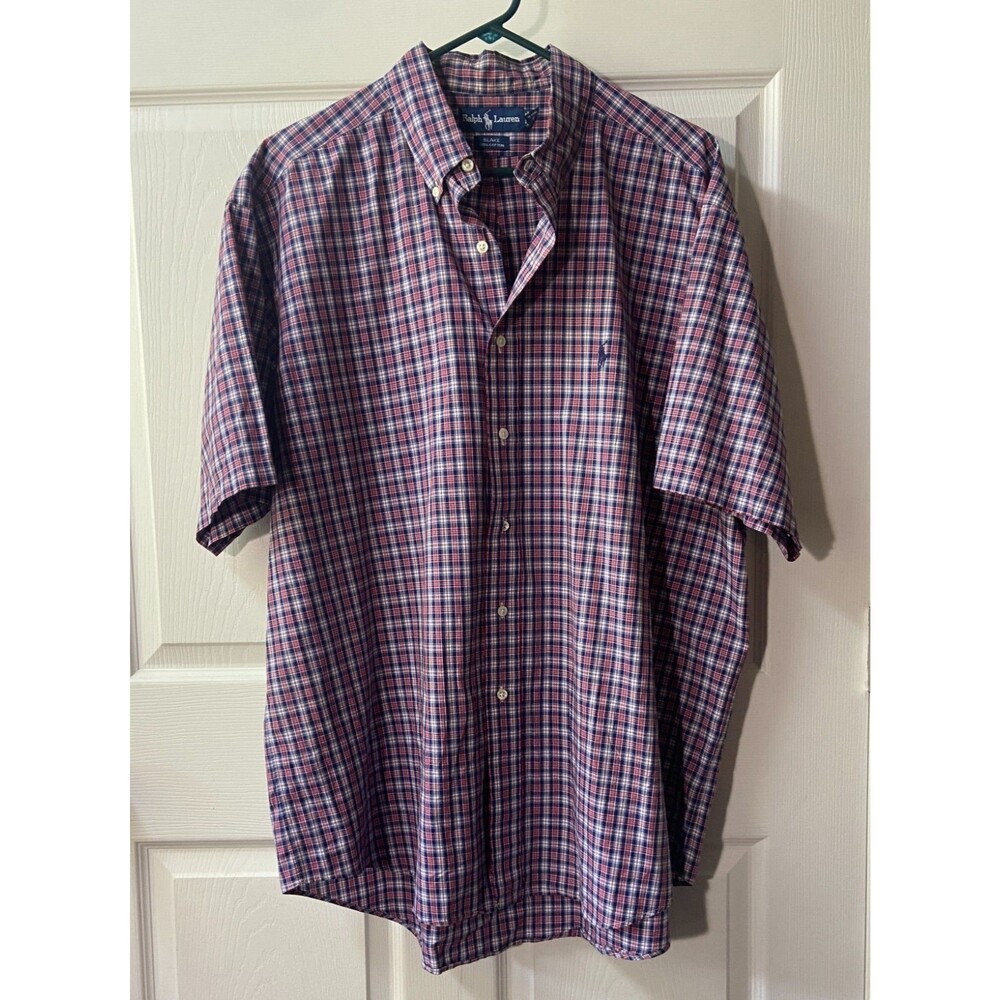 Ralph Lauren Button Down Shirt Mens XL Red Blue Plaid Blake Short Sleeve Cotton